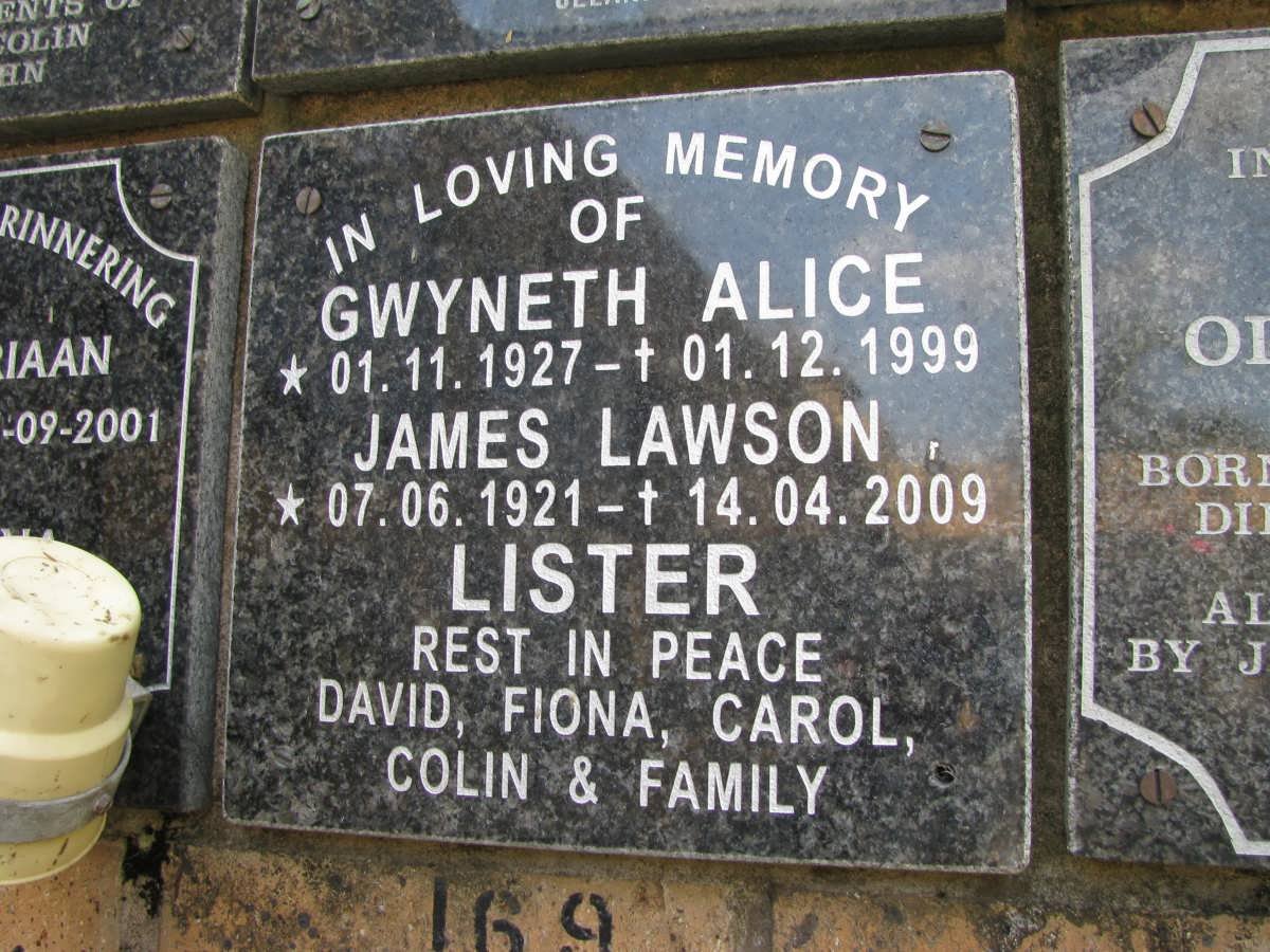 LISTER James Lawson 1921-2009 &amp; Gwyneth Alice 1927-1999