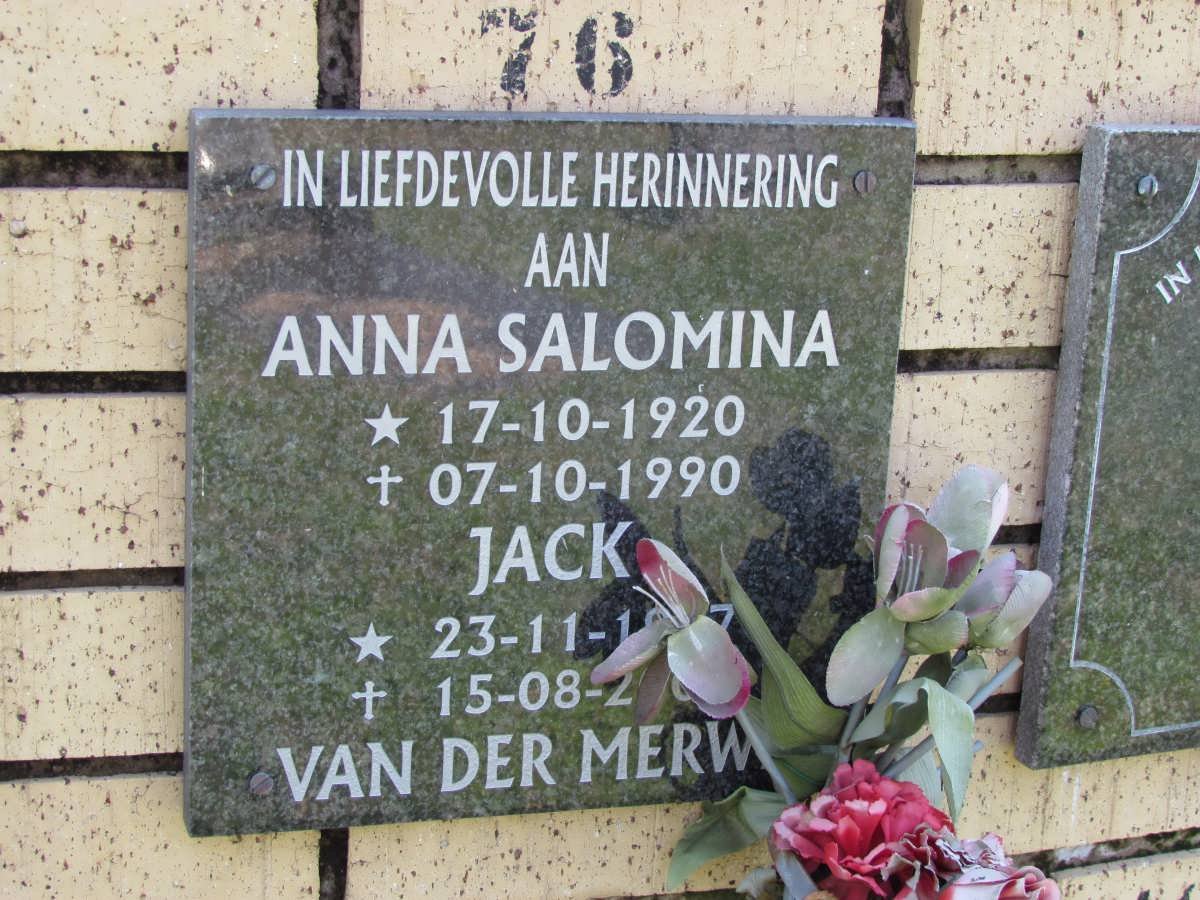 MERWE Jack, van der ?-? &amp; Anna Salomina 1920-1990