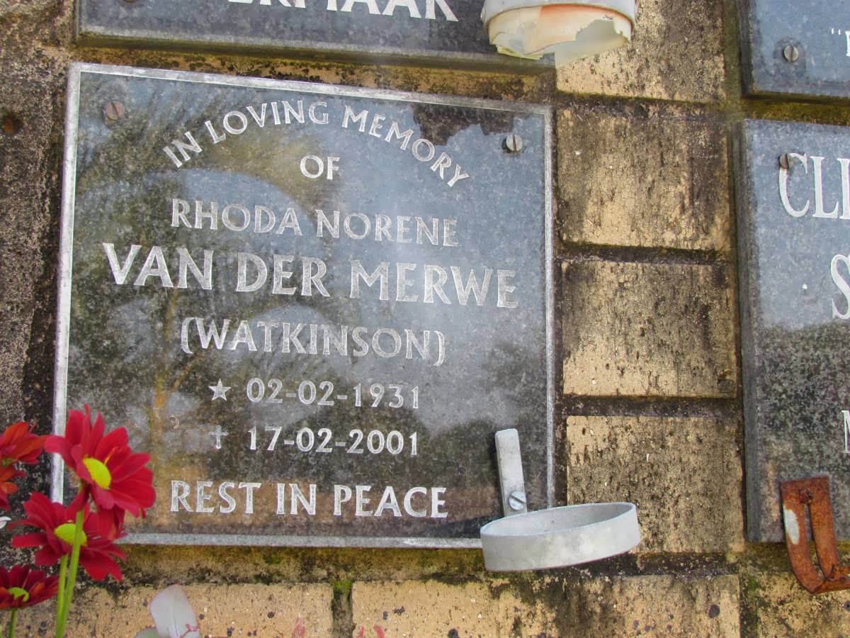 MERWE Rhoda Norene, van der nee WATKINSON 1931-2001