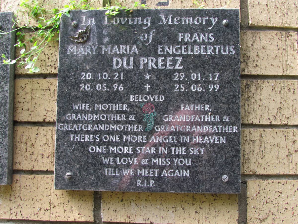 PREEZ Frans Engelbertus, du 1917-1999 &amp; Mary Maria 1921-1996