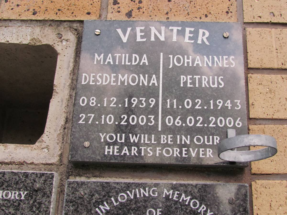 VENTER Johannes Petrus 1943-2006 &amp; Matilda Desdemona 1939-2003