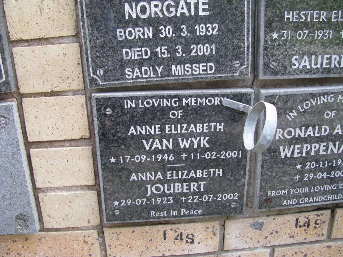WYK  Anne Elizabeth, van 1946-2001 Anna Elizabeth JOUBERT 1923-2002