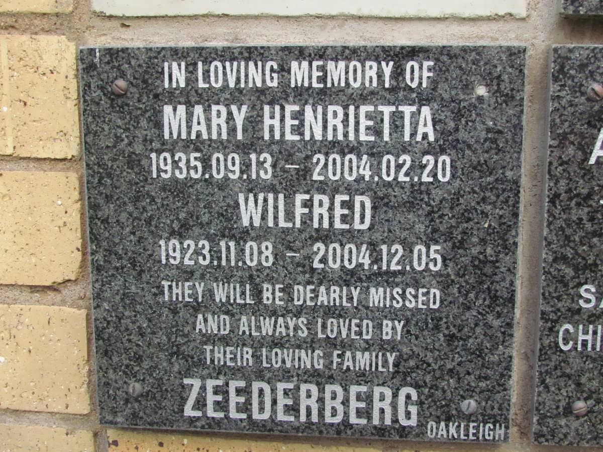 ZEEDERBERG Wilfred 1923-2004 &amp; Mary Henrietta 1935-2004