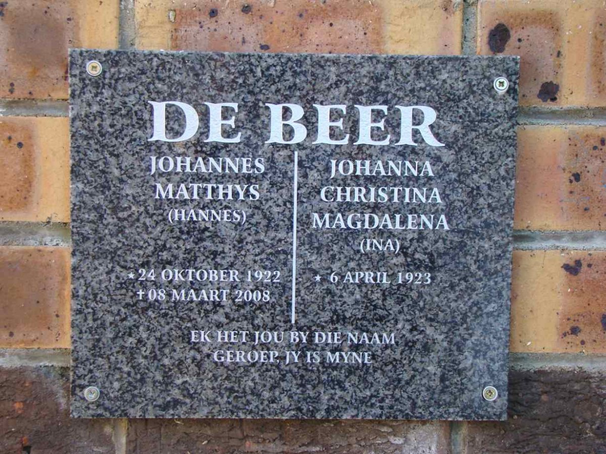 BEER Johannes Matthys, de 1922-2008 &amp; Johanna Christina Magdalena 1923-