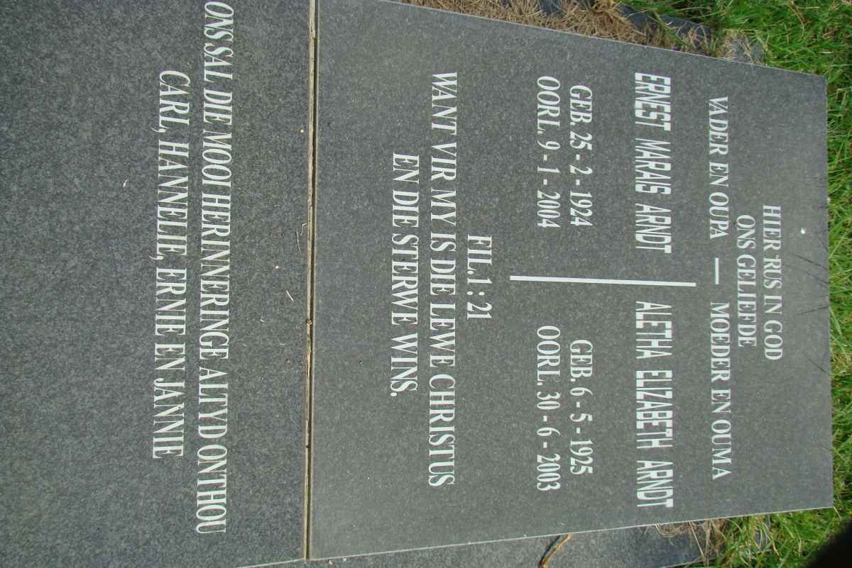 ARNDT Ernest Marais 1924-2004 &amp; Aletha Elizabeth 1925-2003