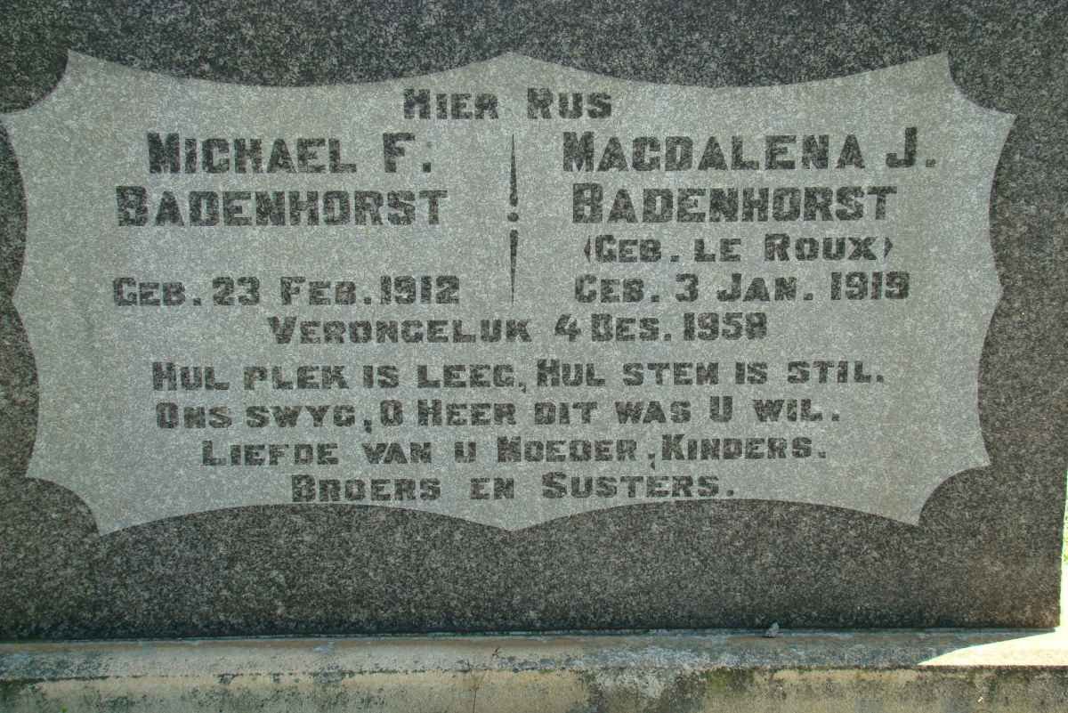 BADENHORST Michael F. 1912-1958 &amp; Magdalena J. LE ROUX 1919-1958