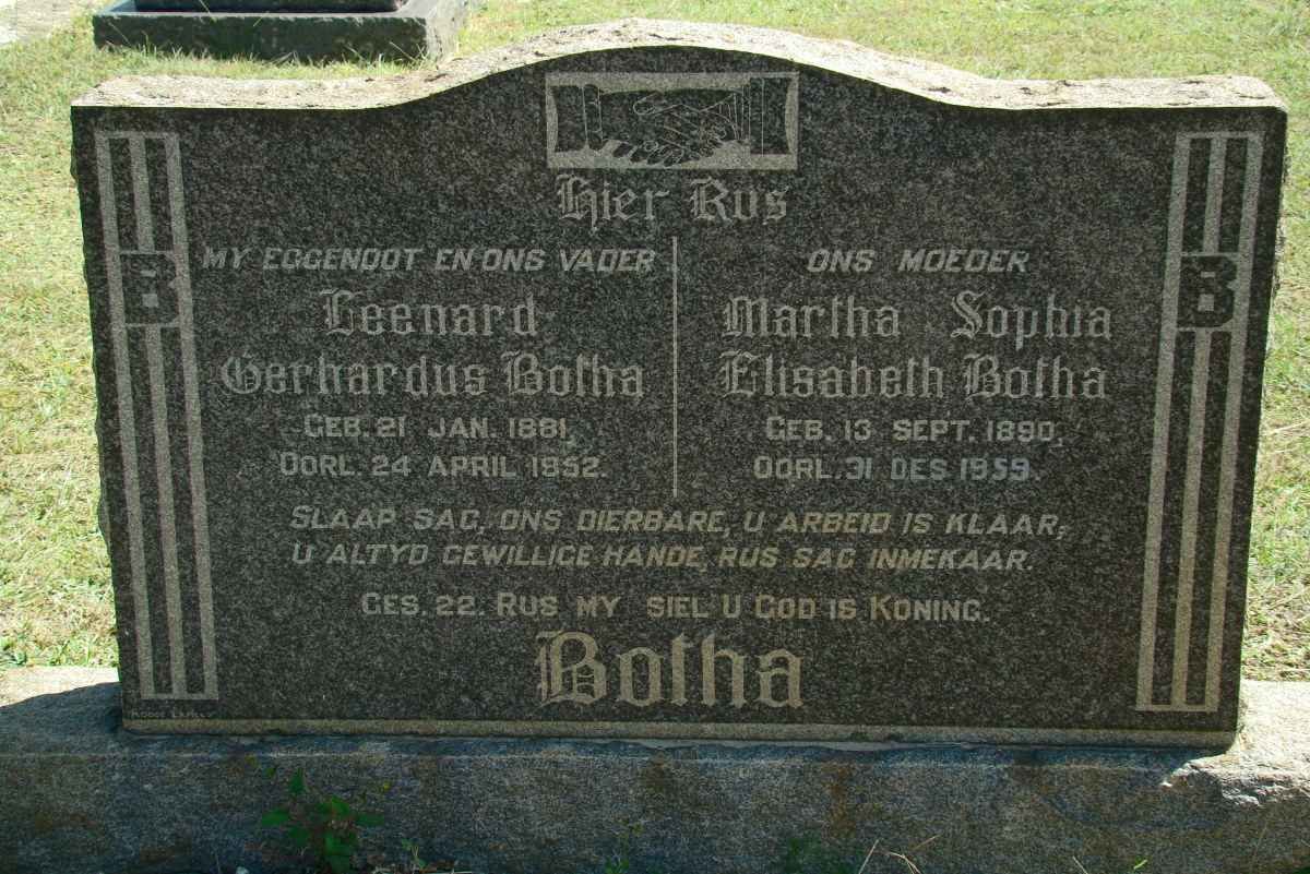 BOTHA Leenard Gerhardus 1881-1952 &amp; Martha Sophia Elisabeth 1890-1959