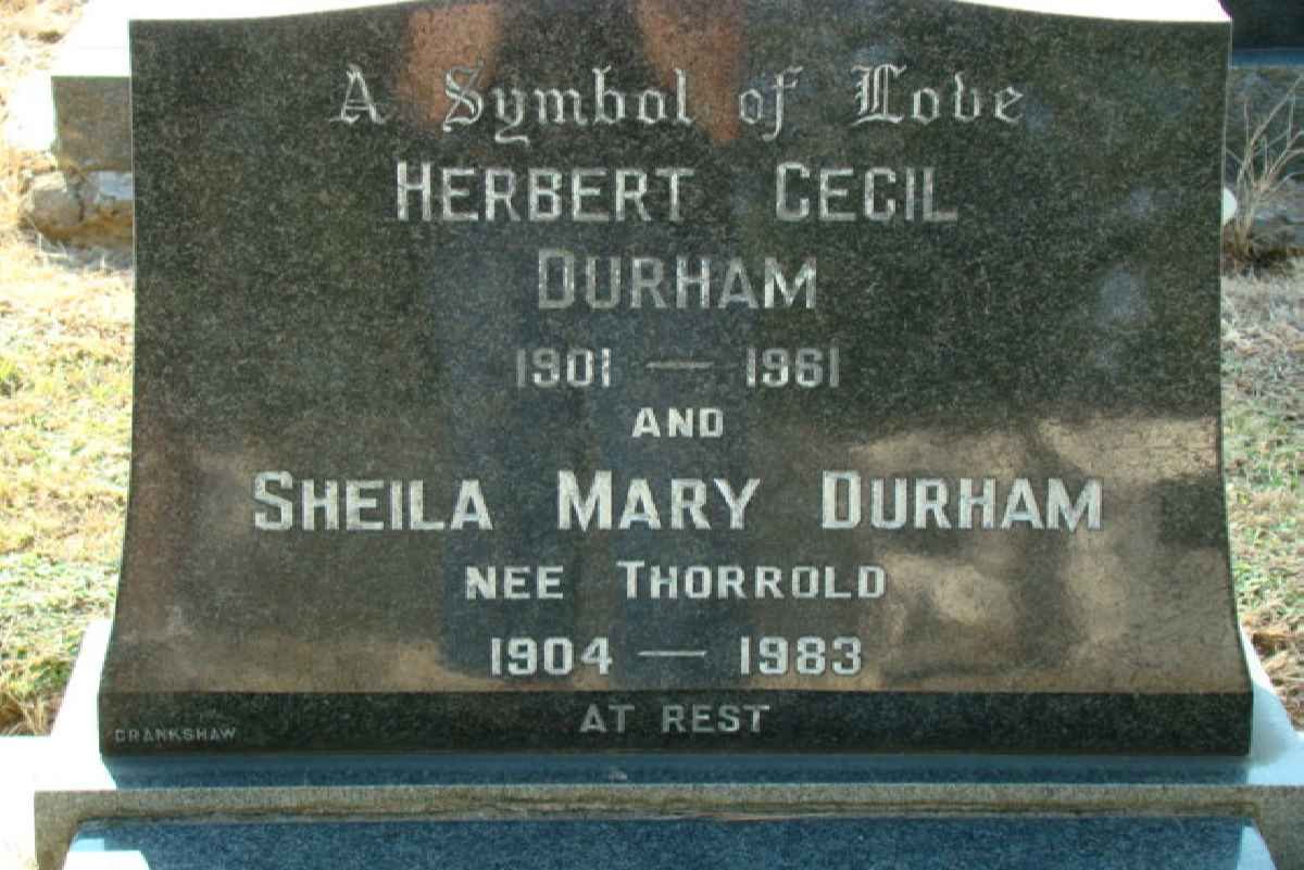 DURHAM Herbert Cecil 1901-1961 &amp; Sheila Mary THORROLD 1904-1983