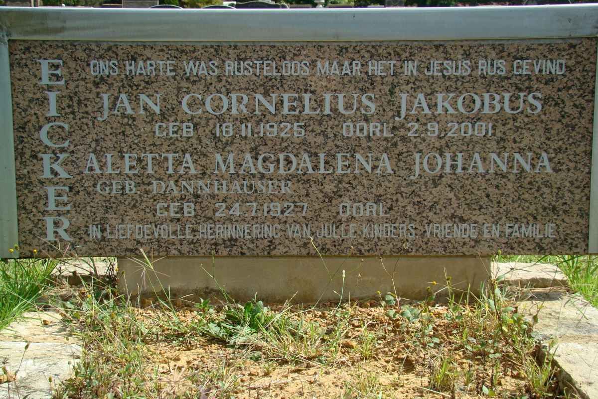 EICKER Jan Cornelius Jakobus 1925-2001 &amp; Aletta Magdalena Johanna DANNHAUSER 1927-