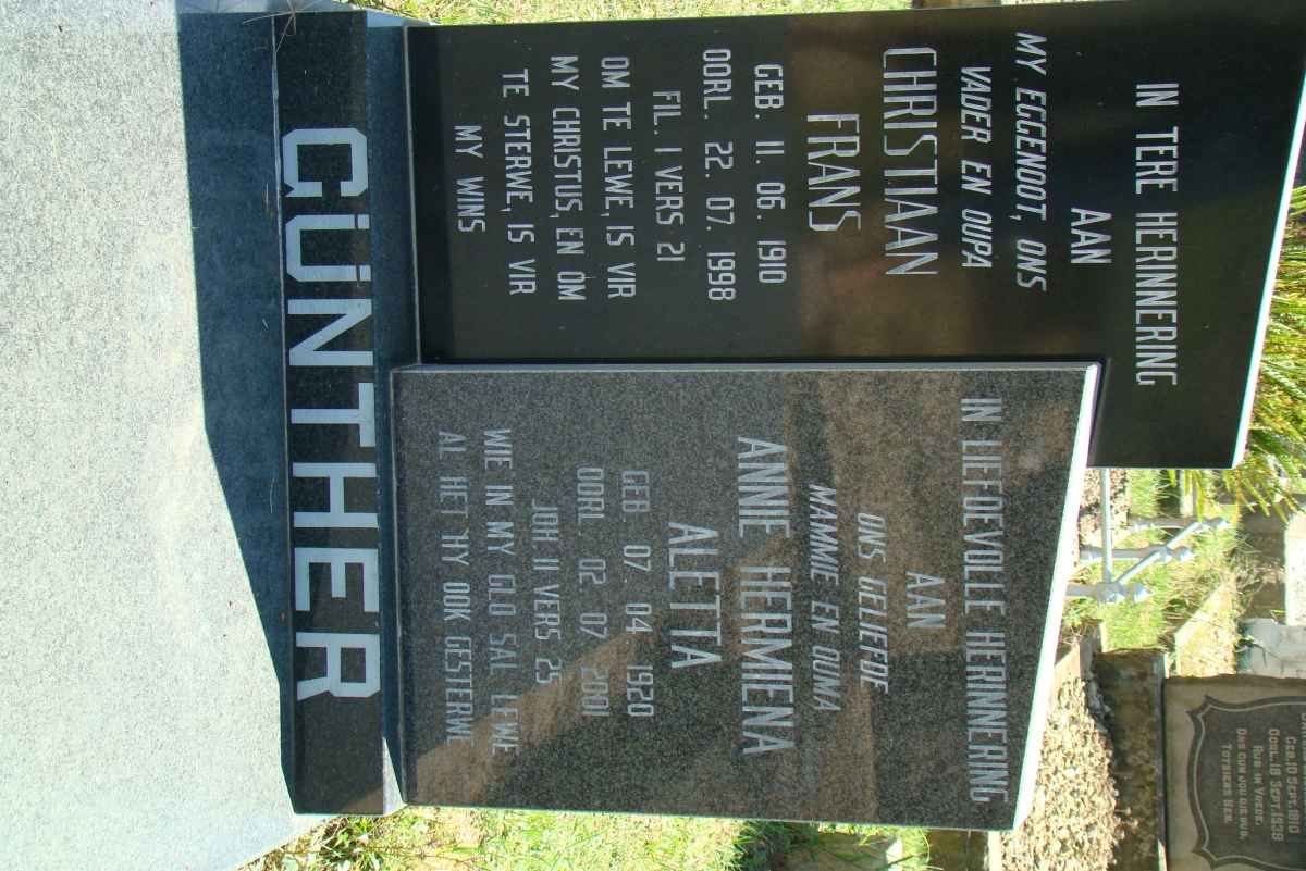 GUNTHER Christiaan Frans 1910-1998 &amp; Annie Hermiena Aletta 1920-2001