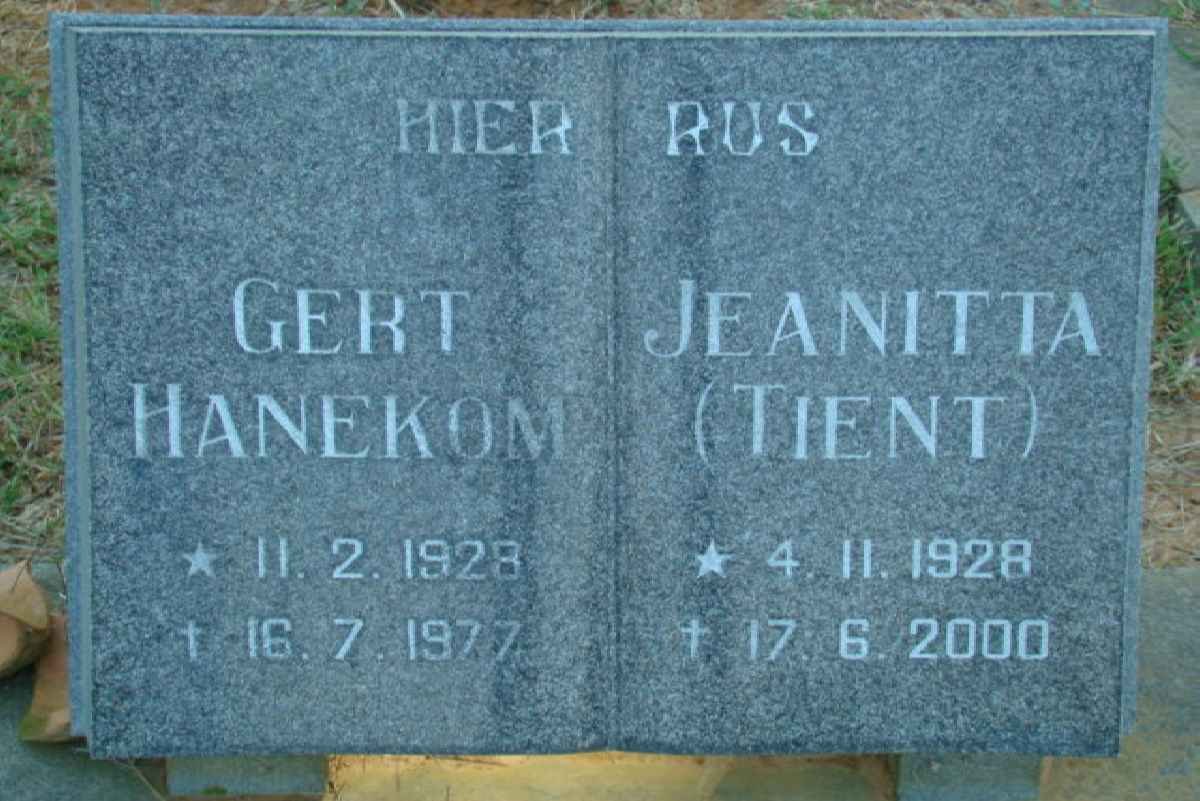 HANEKOM Gert 1928-1977 &amp; Jeanitta 1928-2000