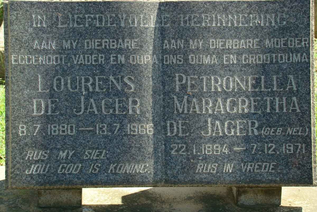 JAGER Lourens, de 1880-1966 &amp; Petronella Maragretha NEL 1894-1971