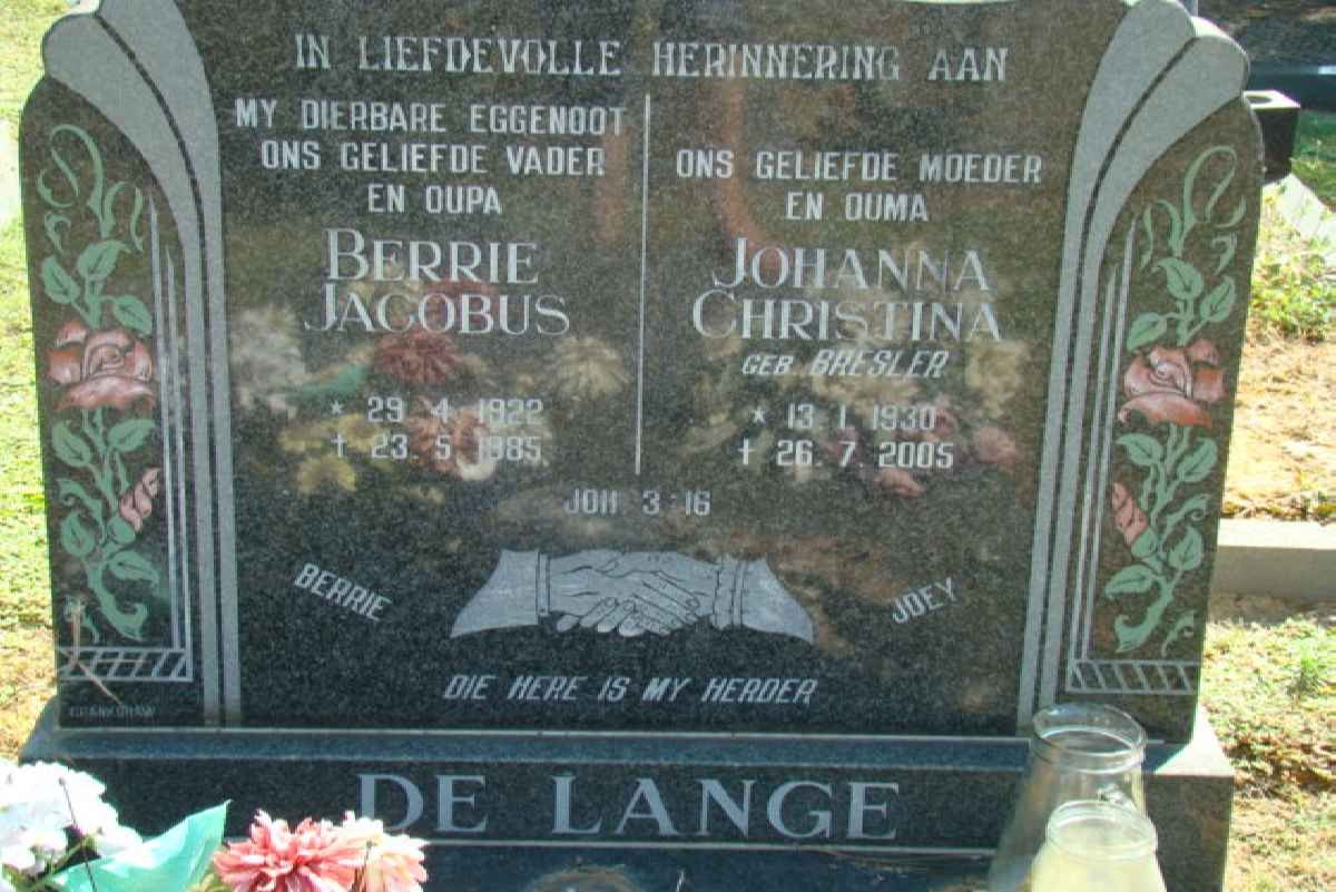 LANGE Berrie Jacobus, de 1922-1985 &amp; Johanna Christina BRESLER 1930-2005