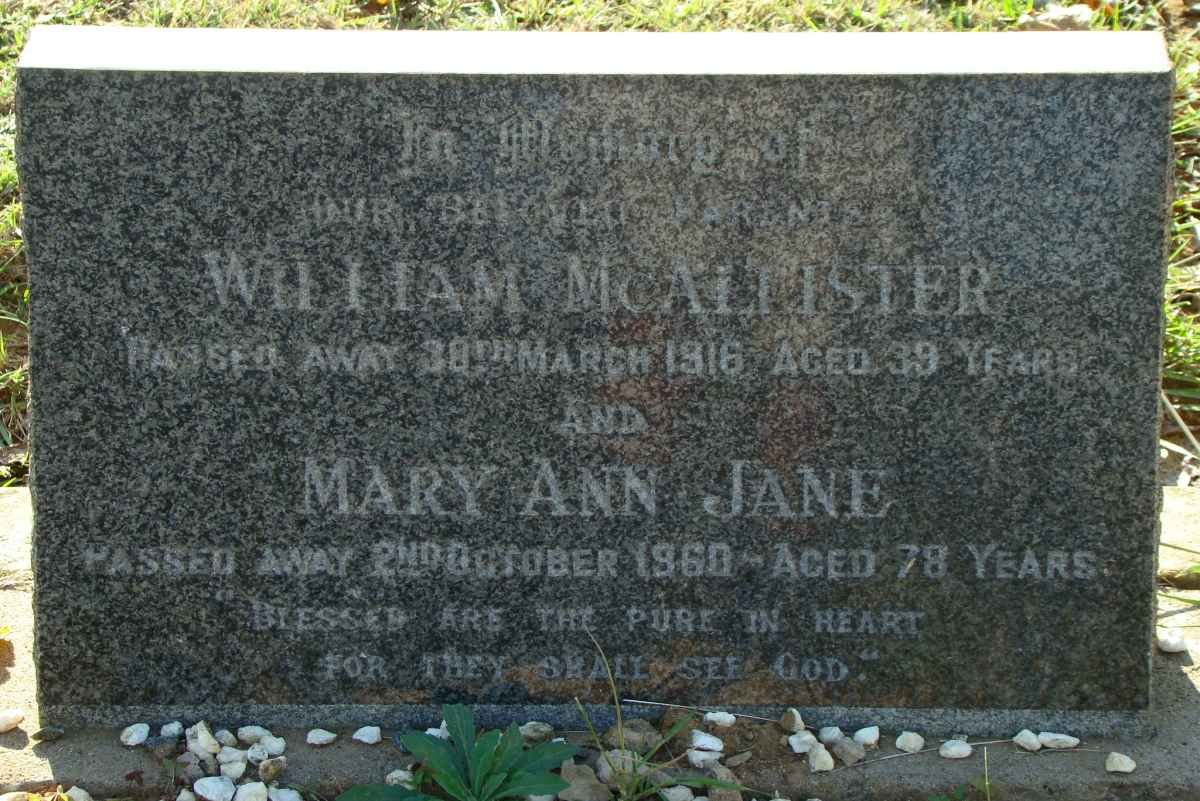 McALLISTER William -1916 &amp; Mary Ann Jane -1960
