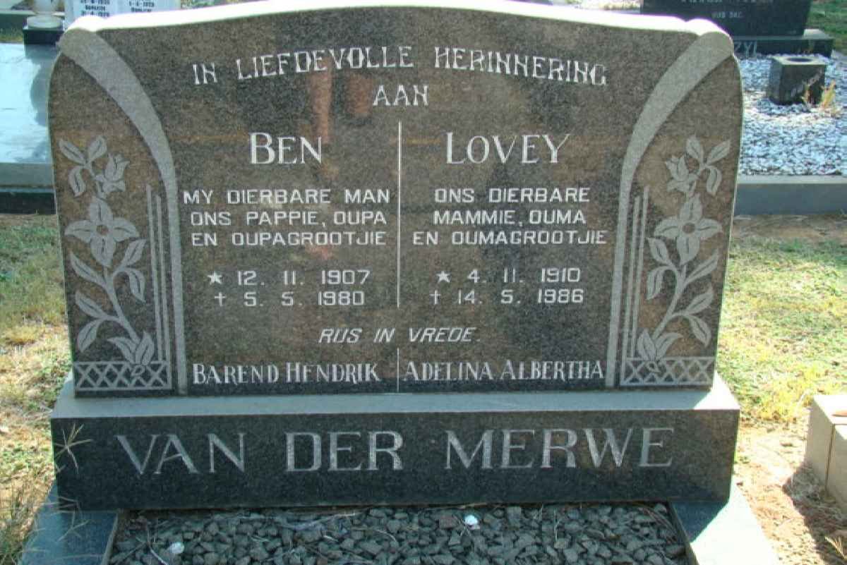 MERWE Barend Hendrik, van der 1907-1980 &amp; Adelina Albertha 1910-1986