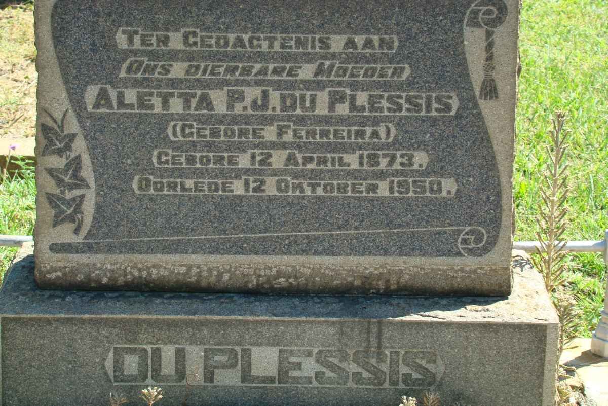 PLESSIS Aletta P.J., du nee FERREIRA 1873-1950