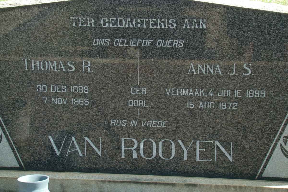 ROOYEN Thomas R., van 1889-1965 &amp; Anna J.S. VERMAAK 1899-1972