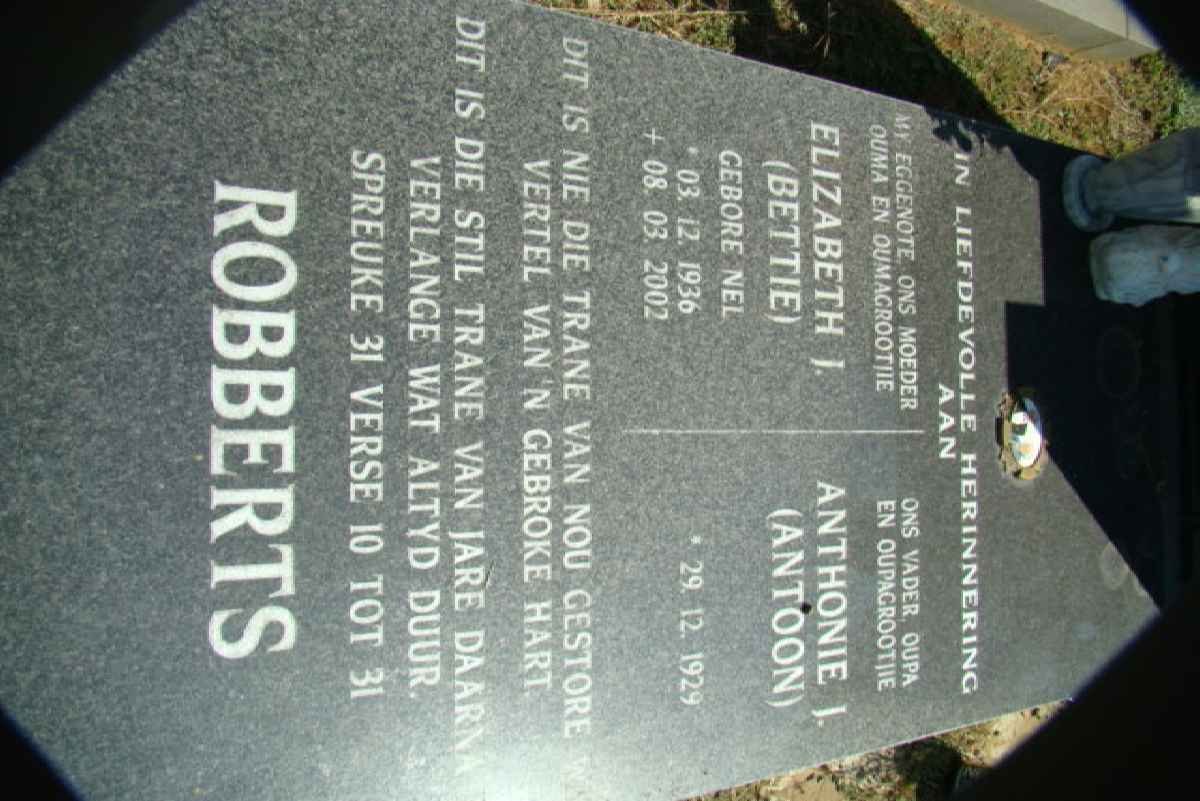ROBBERTS Anthonie J. 1929- &amp; Elizabeth J. NEL 1936-2002