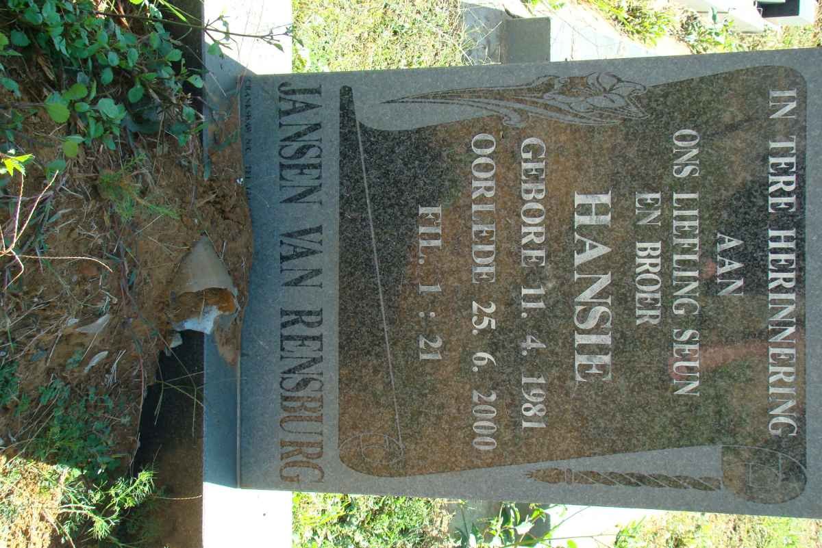 RENSBURG Hansie, Jansen van 1981-2000