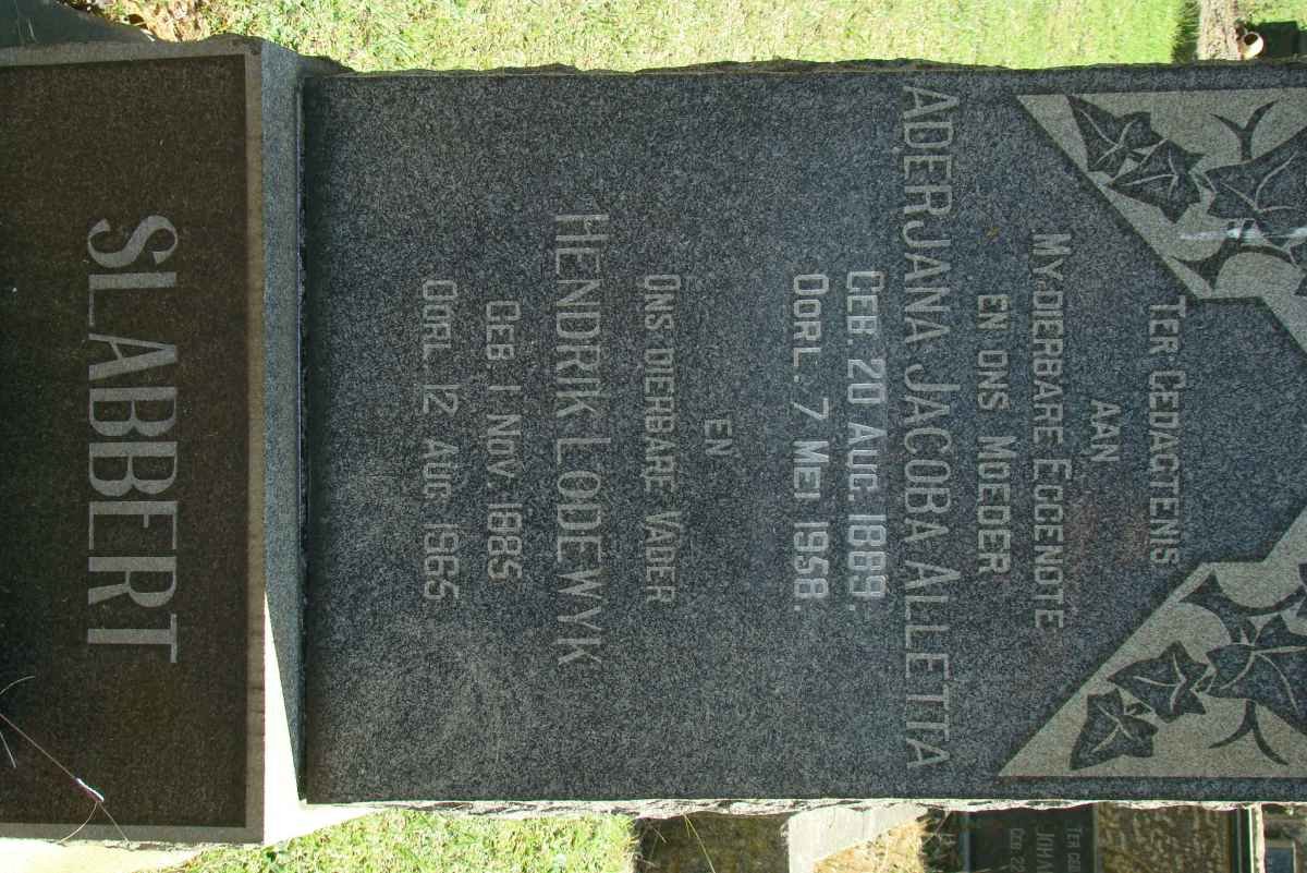 SLABBERT Hendrik Lodewyk 1885-1965 &amp; Aderjana Jacoba Alletta 1889-1958
