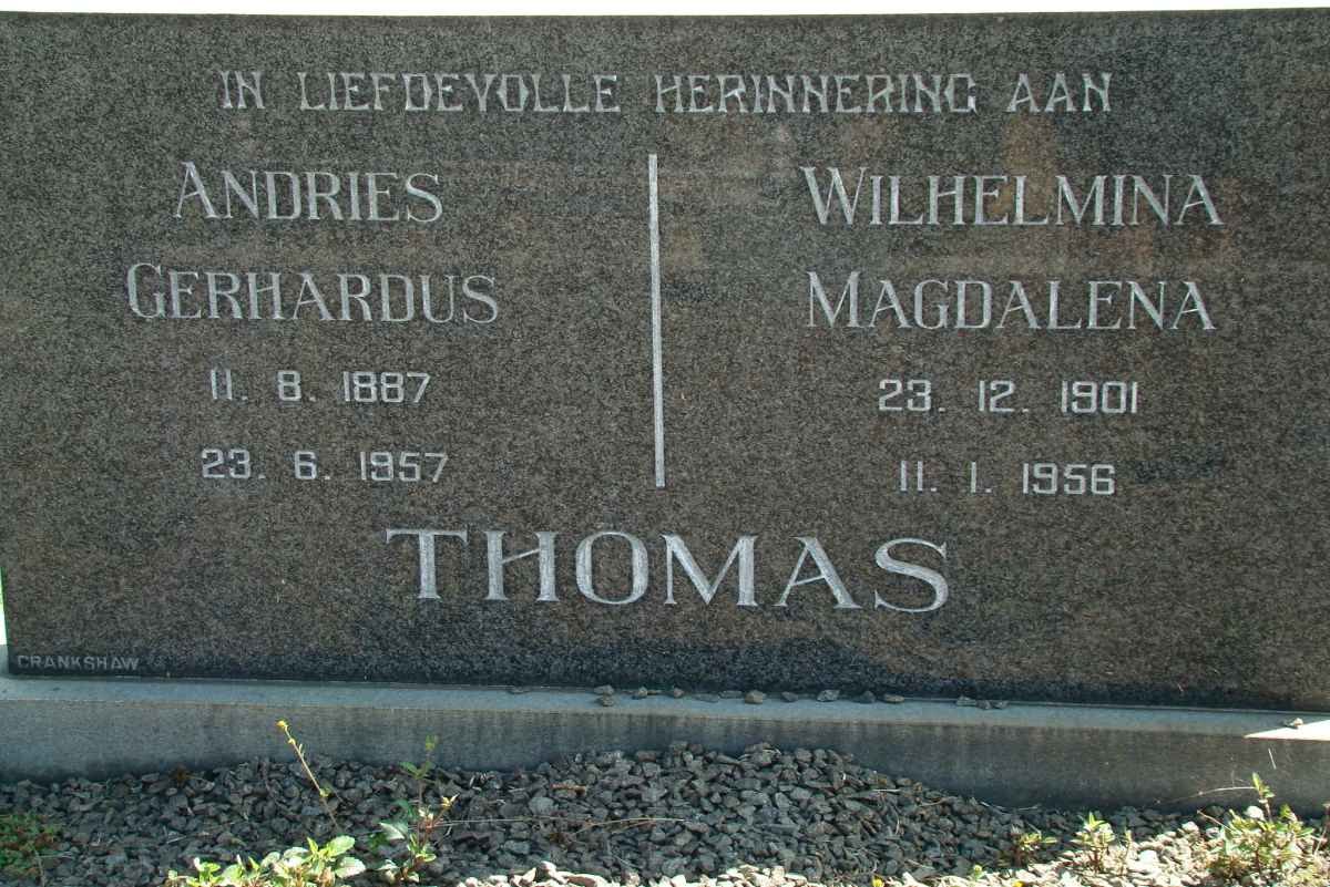 THOMAS Andries Gerhardus 1887-1957 &amp; Wilhelmina Magdalena 1901-1956