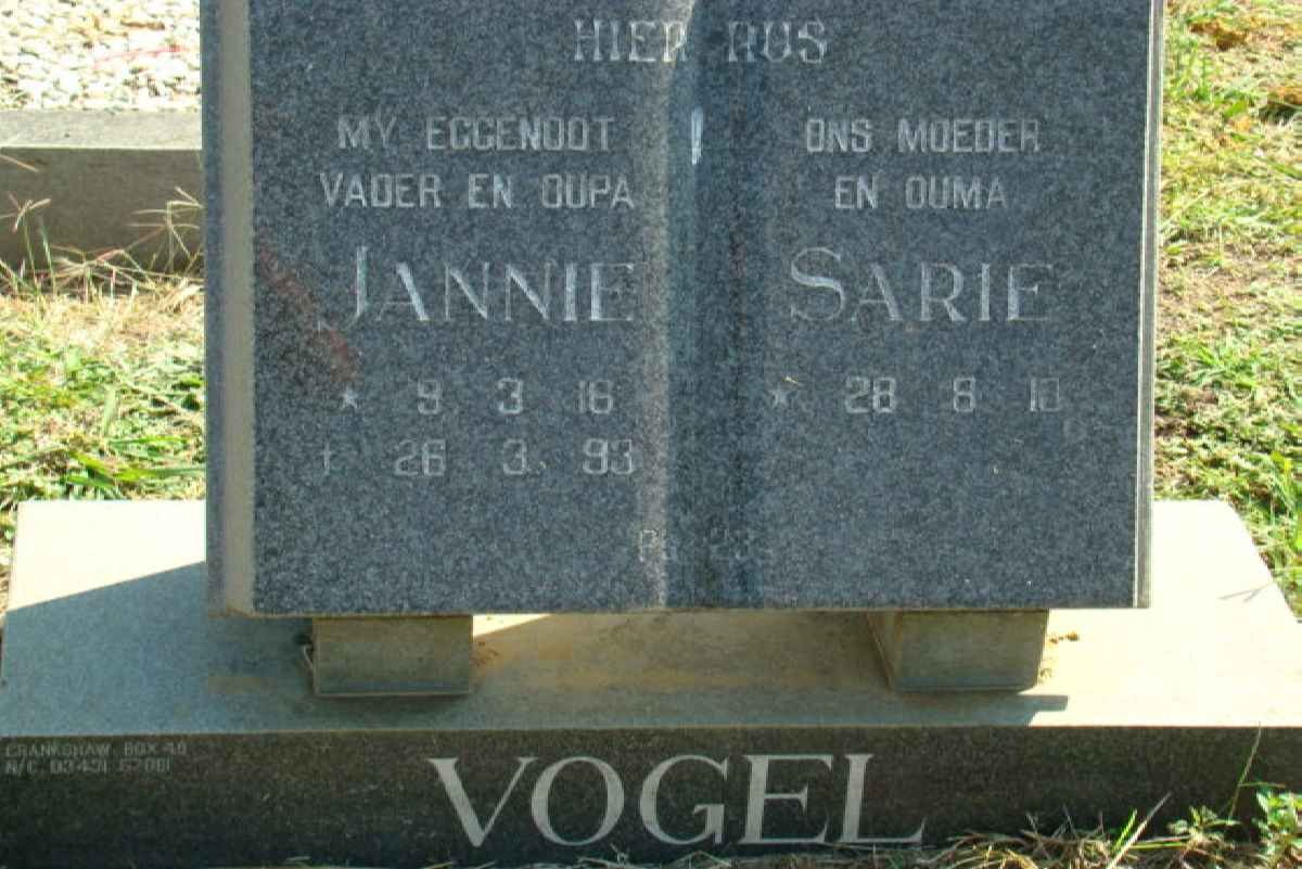 VOGEL Jannie 1918-1993 &amp; Sarie 1918-