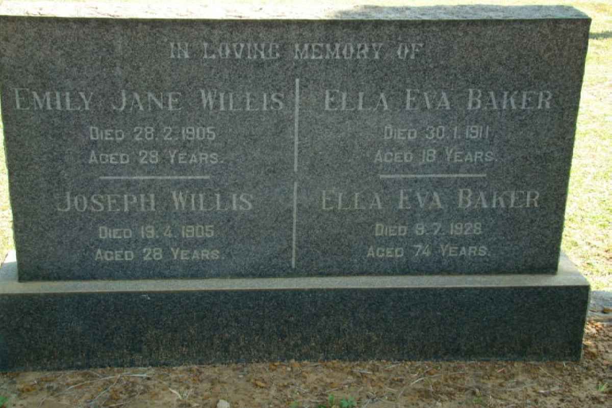 WILLIS Emily Jane -1905 :: WILLIS Joseph -1905 :: BAKER Ella Eva -1911 :: BAKER Ella Eva -1928