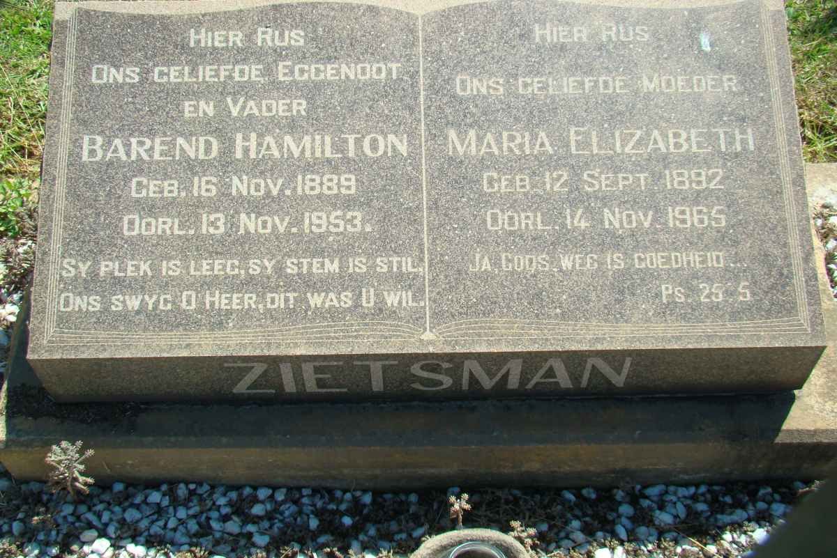 ZIETSMAN Barend Hamilton 1889-1953 &amp; Maria Elizabeth 1892-1965