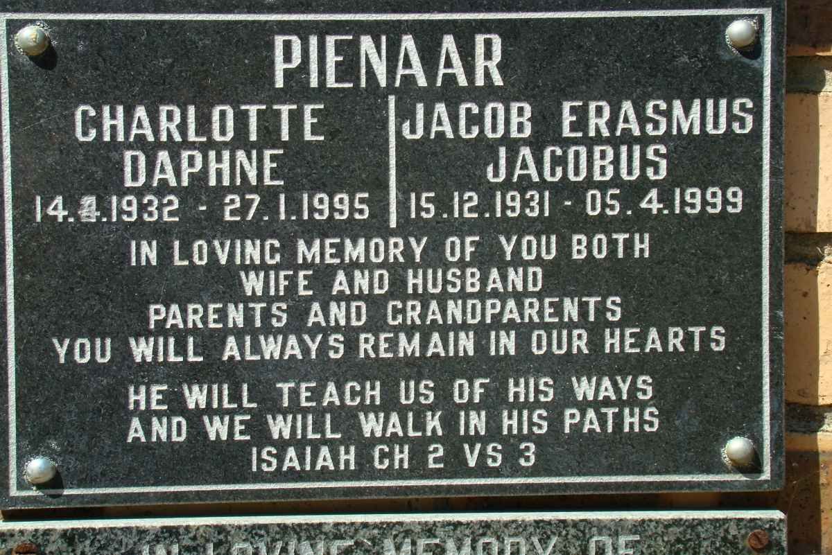 PIENAAR Jacob Erasmus Jacobus 1931-1999 &amp; Charlotte Daphne 1932-1995