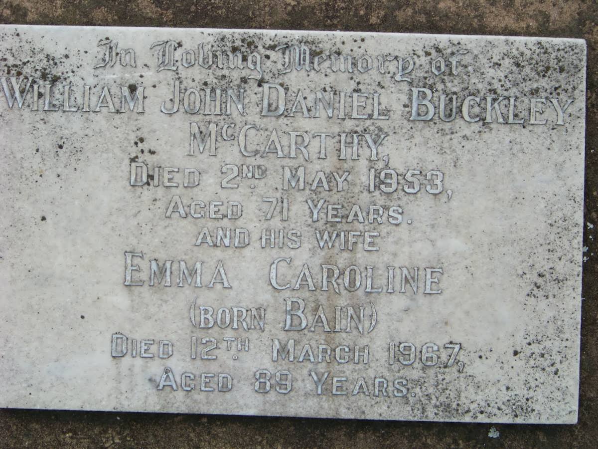McCARTHY William John Daniel Buckley -1953 &amp; Emma Caroline BAIN -1967