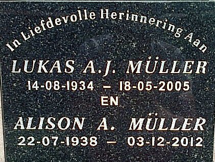 MÜLLER Lukas A.J. 1934-2005 &amp; Alison A. 1938-2012