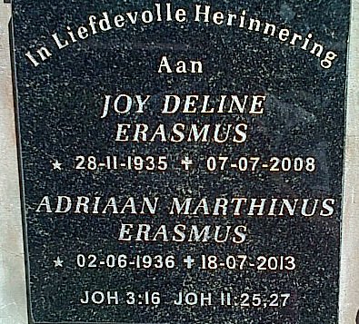 ERASMUS Adriaan Marthinus 1936-2013 &amp; Joy Deline 1935-2008