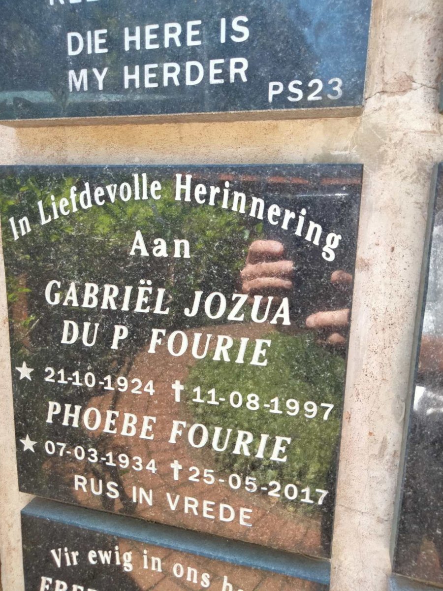 FOURIE Gabriel Jozua Du P. 1924-1997 &amp; Phoebe 1934-2017