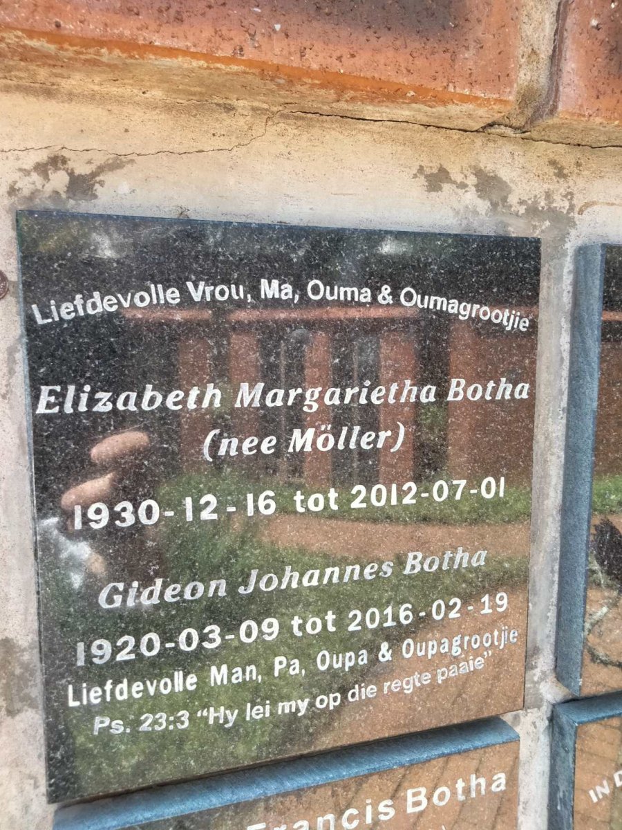 BOTHA Gideon Johannes 1920-2016 &amp; Elizabeth Margarietha MOLLER 1930-2012
