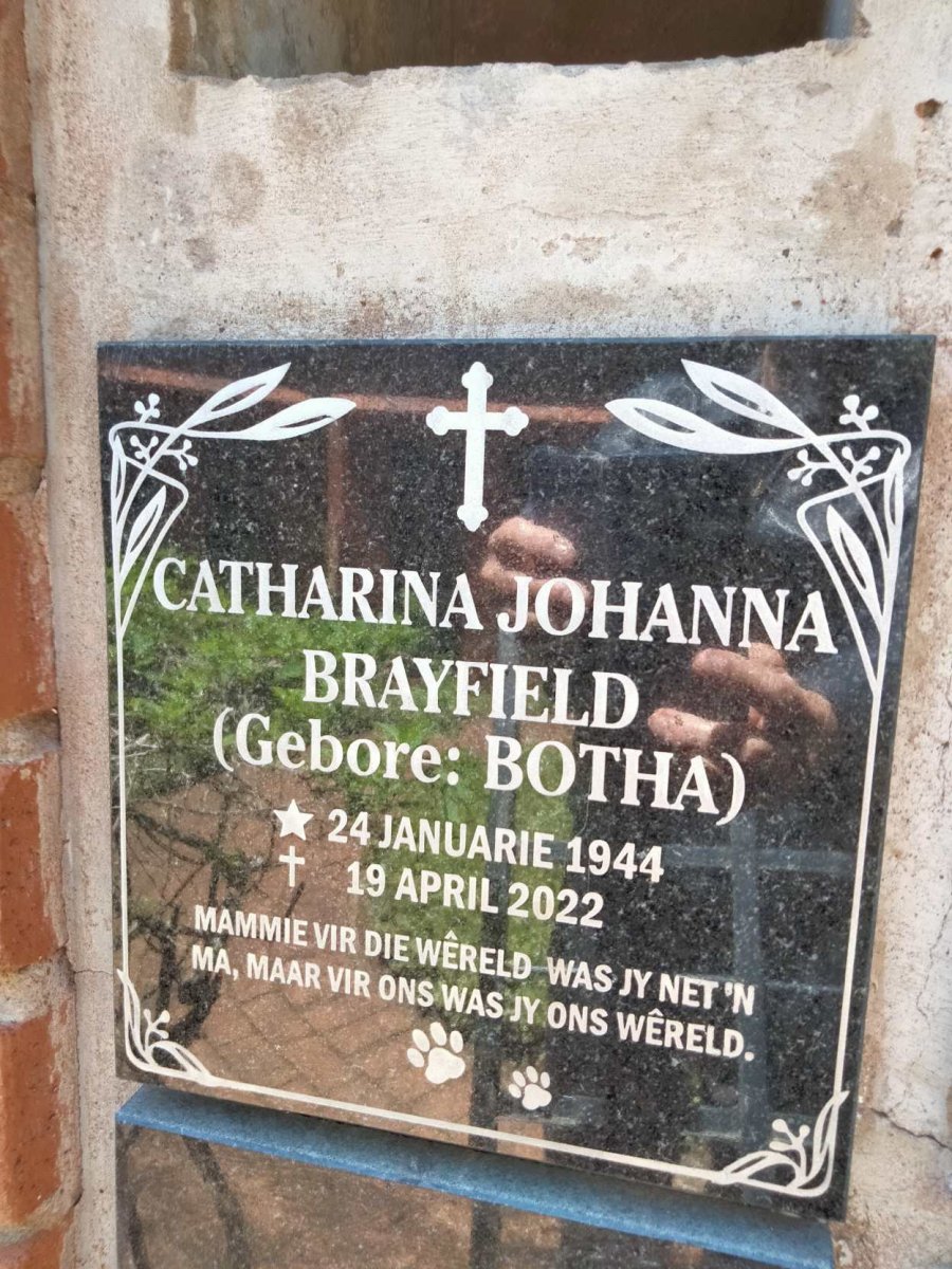 BRAYFIELD Catharina Johanna nee BOTHA 1944-2022