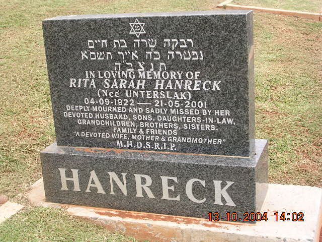 HANRECK Rita Sarah nee UNTERSLAK 1922-2001