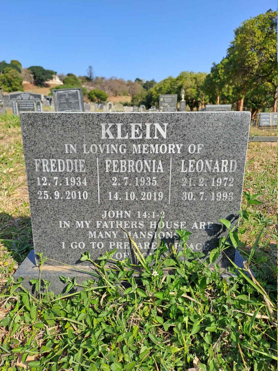 KLEIN Freddie 1934-2010 :: KLEIN Febronia 1935-2019 :: KLEIN Leonard 1972-1993