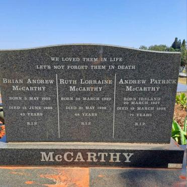 MCCARTHY Andrew Patrick 1927-1998 & Ruth Lorraine 1930-1998 :: MCCARTHY Brian Andrew 1955-1998