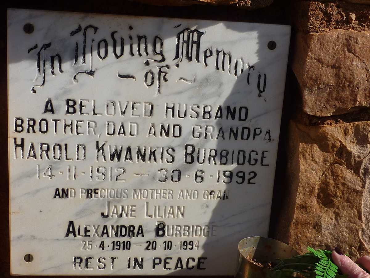 BURBIDGE Harold Kwankis 1912-1992 &amp; Jane Lilian Alexandra 1910-1994