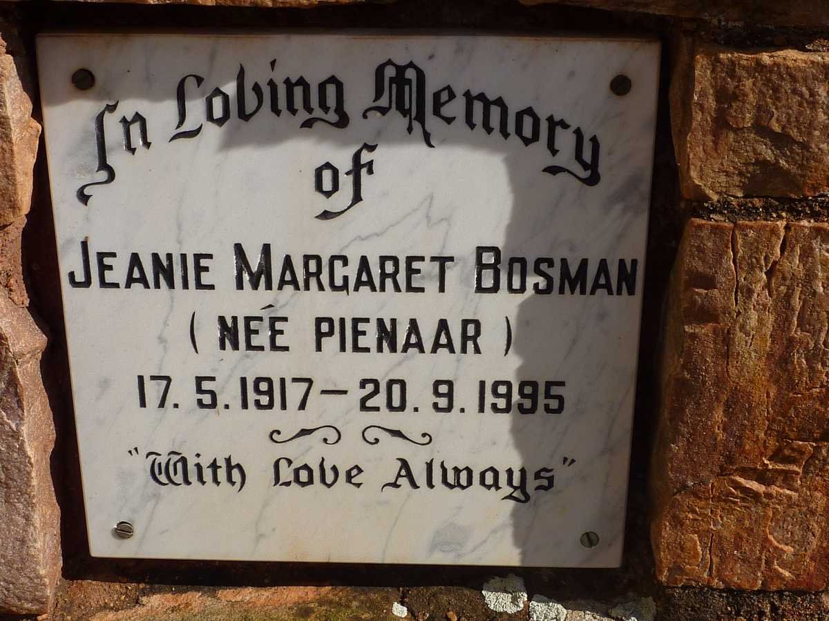 BOSMAN Jeanie Margaret nee PIENAAR 1917-1995