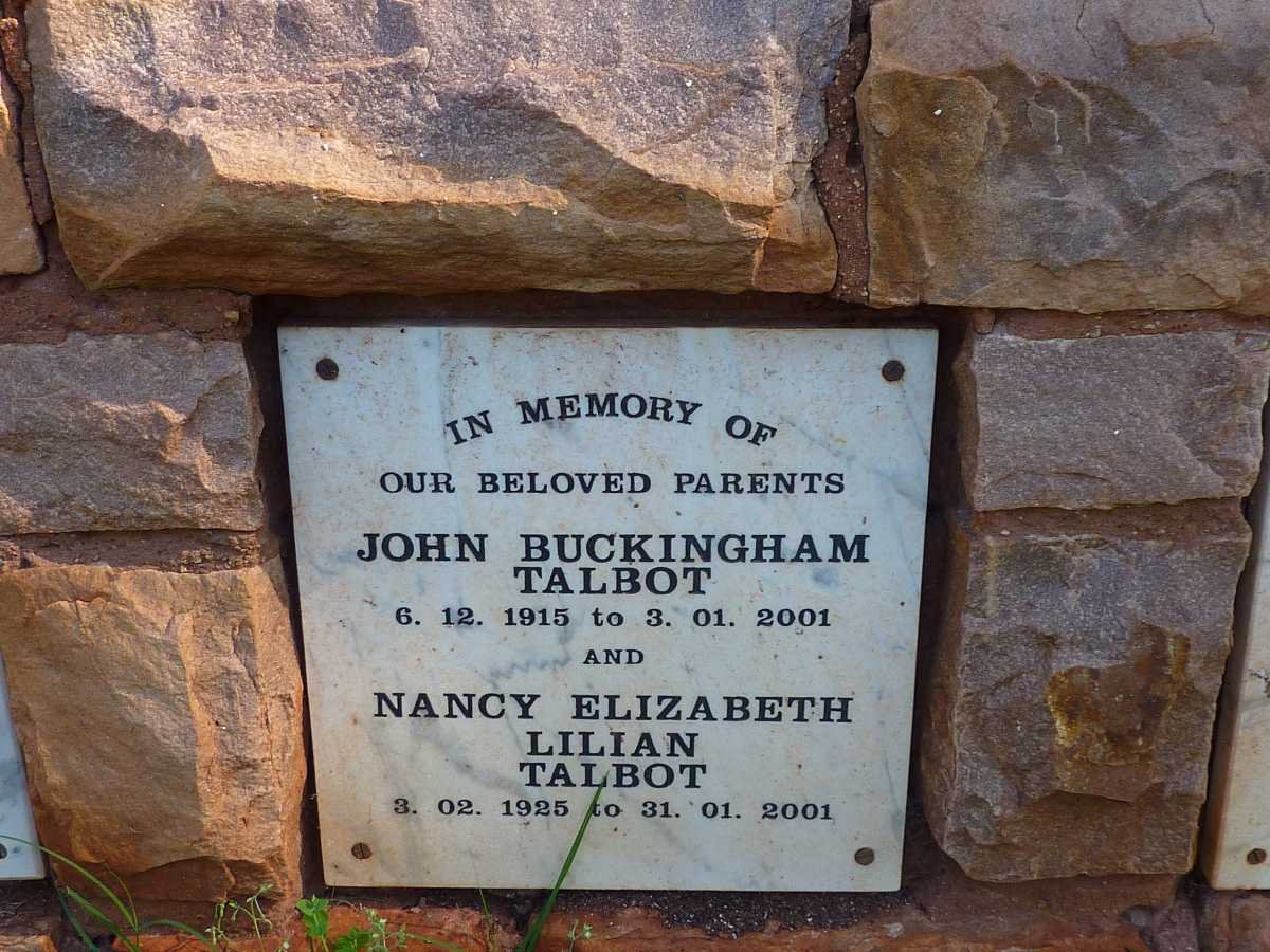 TALBOT John Buckingham 1915-2001 &amp; Nancy Elizabeth Lilian 1925-2001