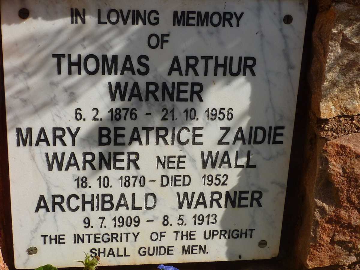 WARNER Thomas Arthur 1876-1956 :: WARNER Mary Beatrice Zaidie nee WALL 1870-1952 :: WARNER Archibald 1909-1913