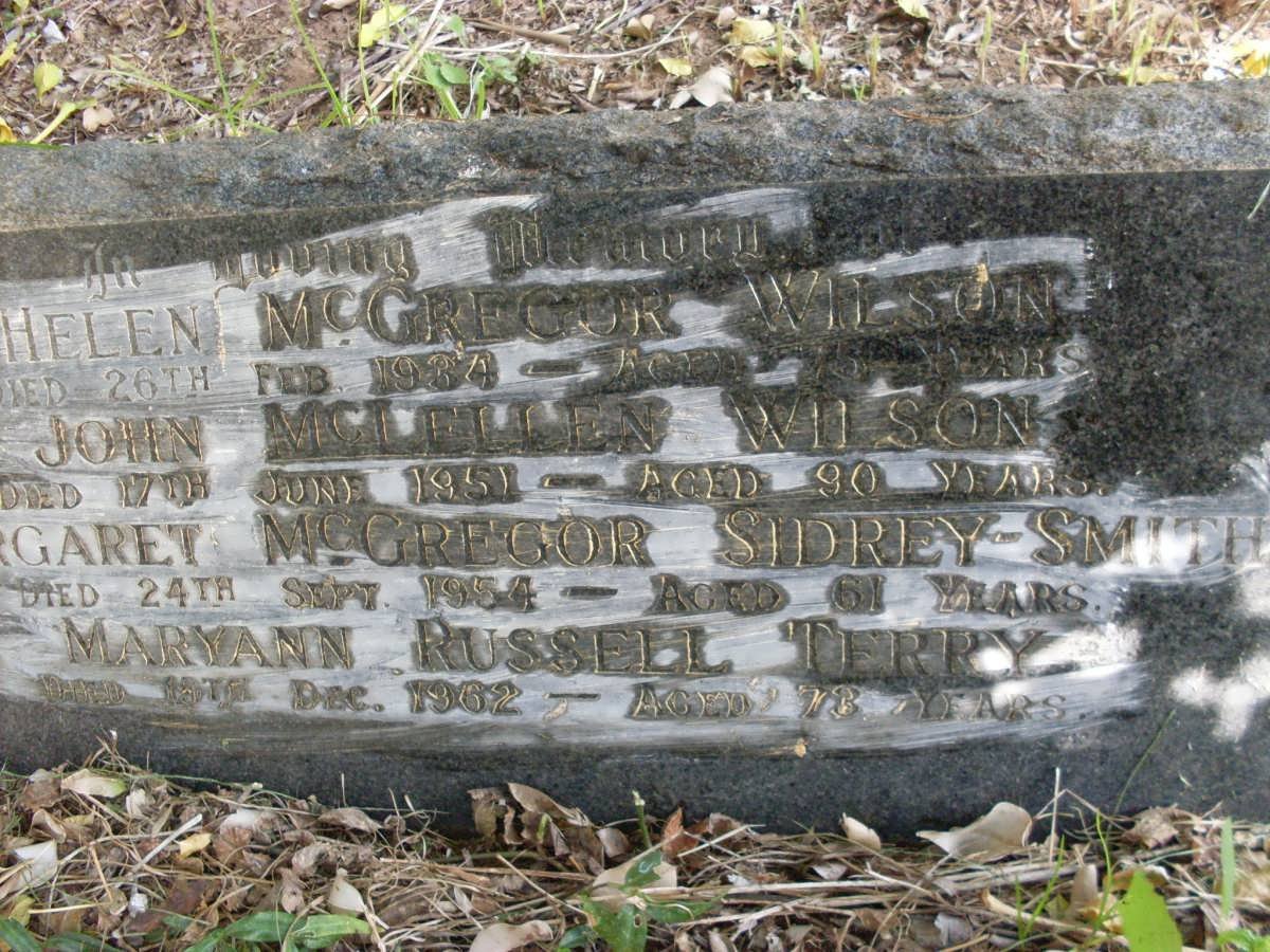 WILSON John -1951 &amp; Helen McGregor -1934 :: SMITH Margaret McGregor -1954 :: TERRY Maryann Russell -1962 
