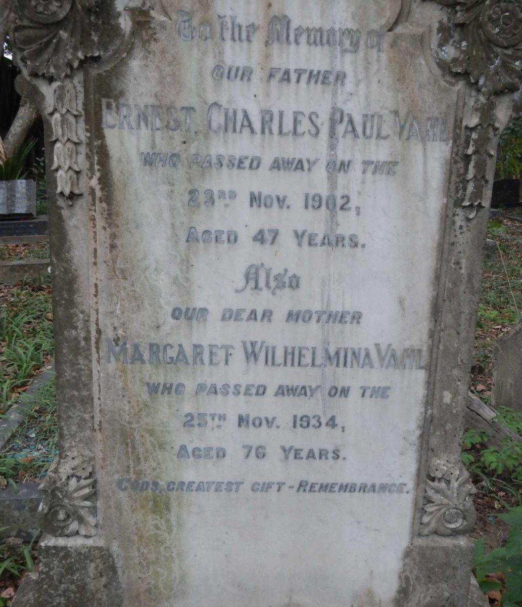 VAHL Ernest Charles Paul -1902 &amp; Margaret Wilhelmina -1934