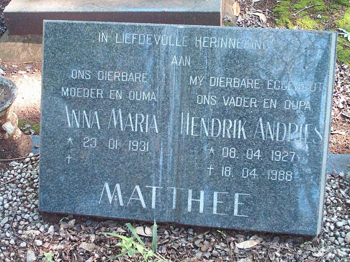 MATHEE Hendrik Andries 1927-1988 &amp; Anna Maria 1931-
