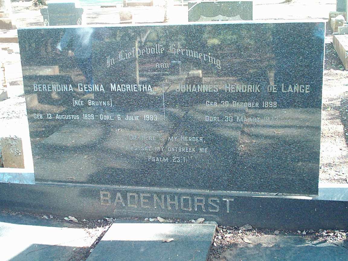 BADENHORST Johannes Hendrik de Lange 1898-1973 &amp; Berendina Gesina Magrietha BRUYNS 1899-1983