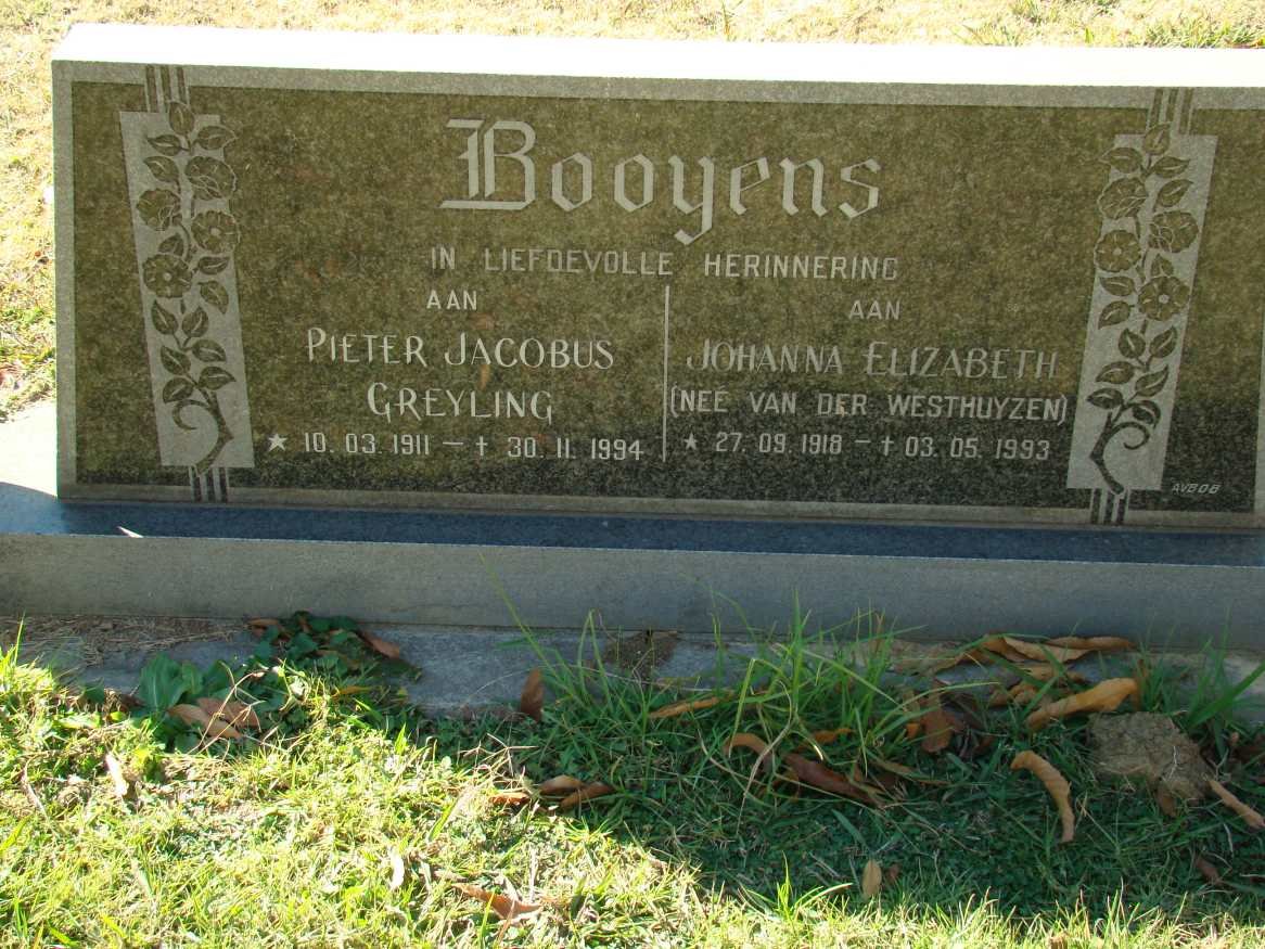 BOOYENS Pieter Jacobus Greyling 1911-1994 &amp; Johanna Elizabeth VAN DER WESTHUYZEN 1918-1993