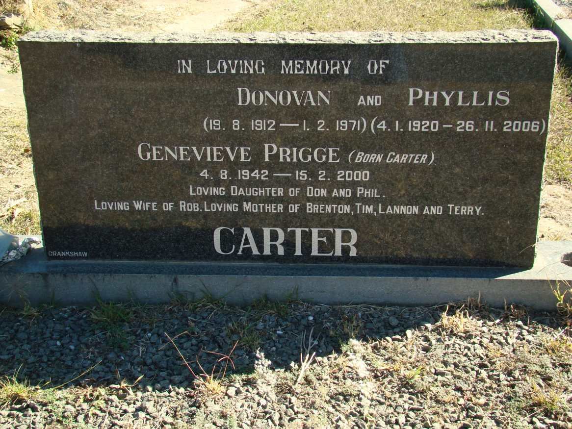 CARTER Donovan 1912-1971 &amp; Phyllis 1920-2006 :: PRIGGE Genevieve nee CARTER 1942-2000