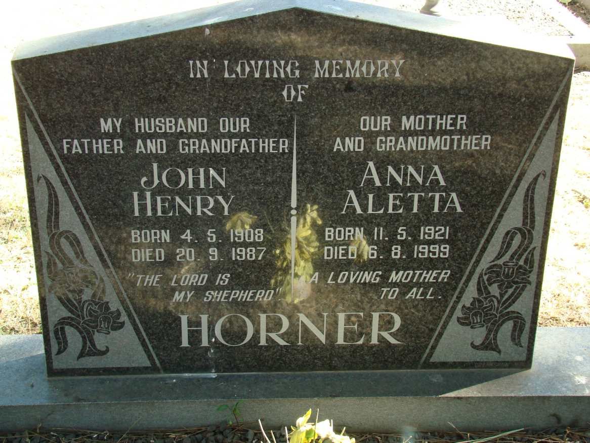 HORNER John Henry 1908-1987 &amp; Anna Aletta 1921-1999