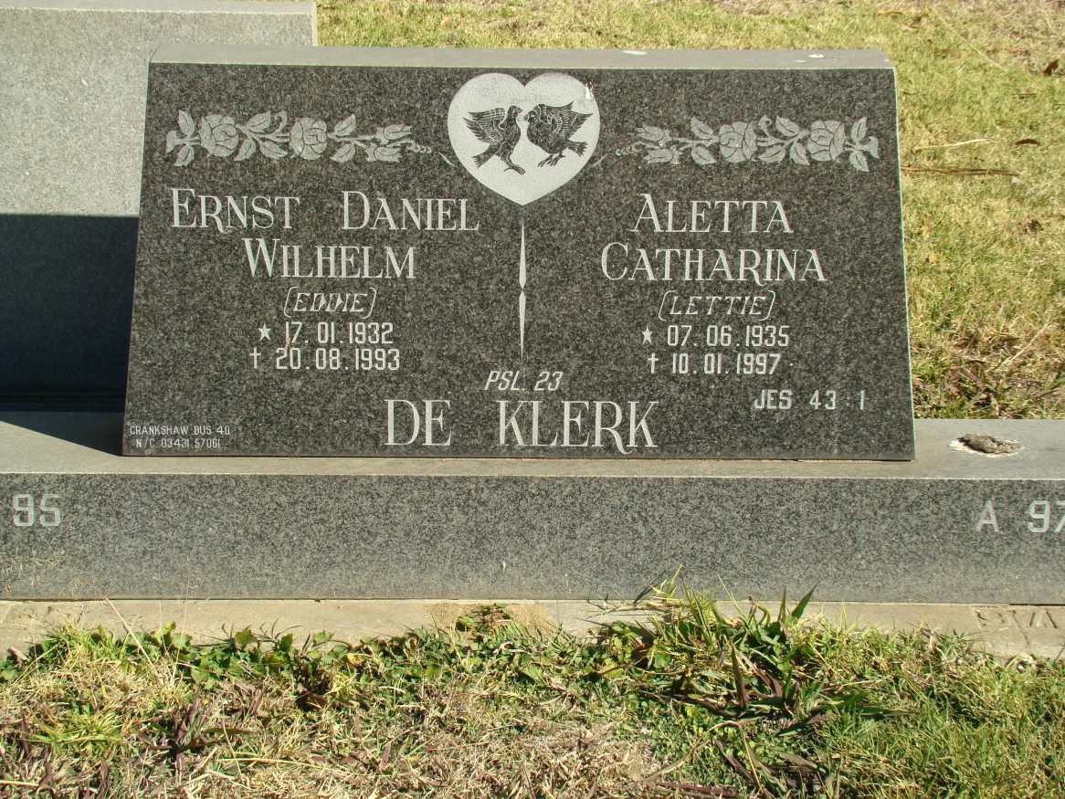 KLERK Ernst Daniel Wilhelm, de 1932-1993 &amp; Aletta Catharina 1935-1997
